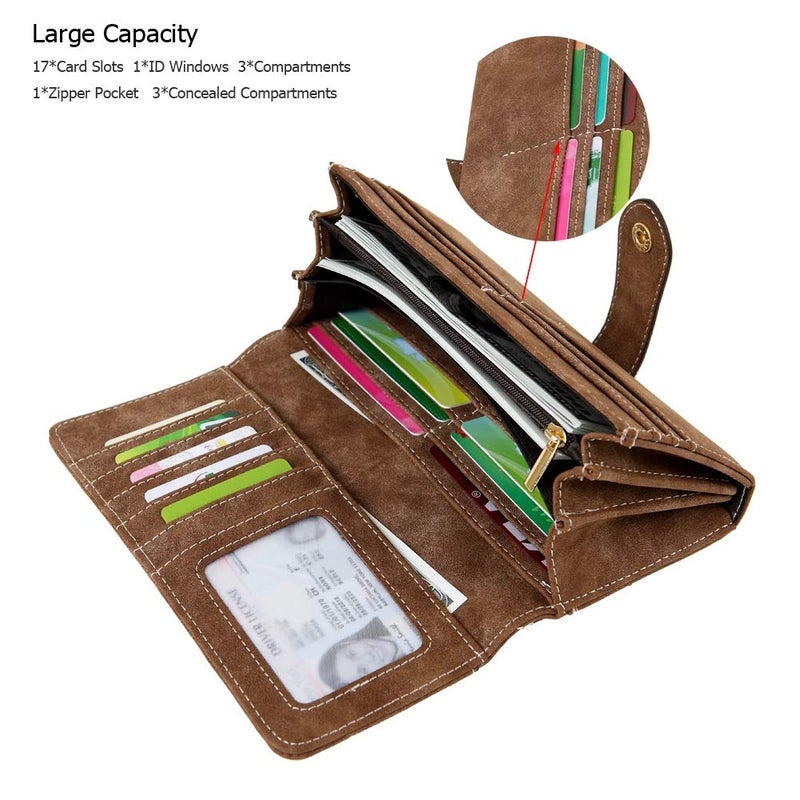Cynure Women's Vegan Leather 17 Card Slots Card Holder Long Big Bifold Wallet,Coffee - Image 2